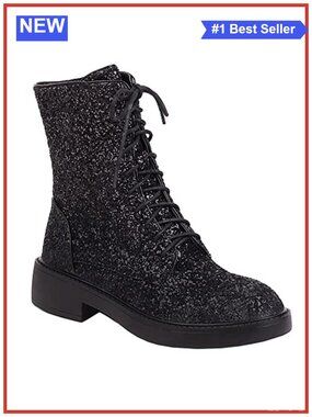 YIYA Women's Lace Up Glitter Sequin Combat Boots Chunky Low Heel Side Zipper